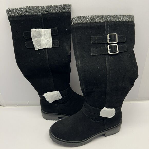 Just Fab Noel Black Caviar Flat Boots Side Zip Chunky Sole Size 6 New in Box - Picture 1 of 7